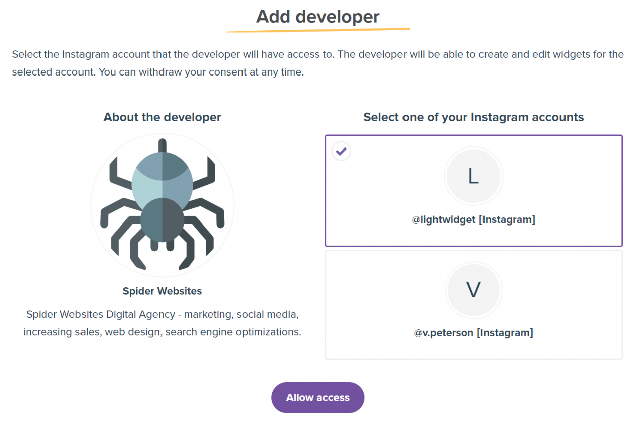 Screenshot showing page where you can add new developer to your account.