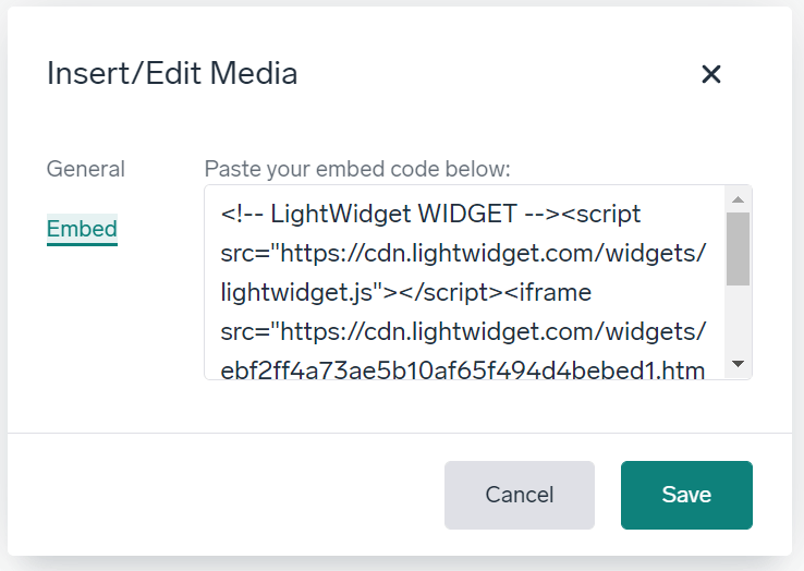 Screenshot showing the Insert media modal on BigCartel website. 