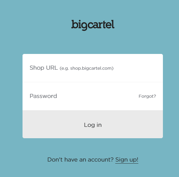 Screenshot showing login screen on BigCartel website. 