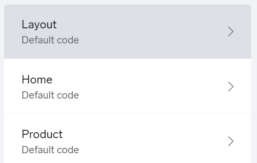Screenshot showing list of available templates in BigCartel theme.