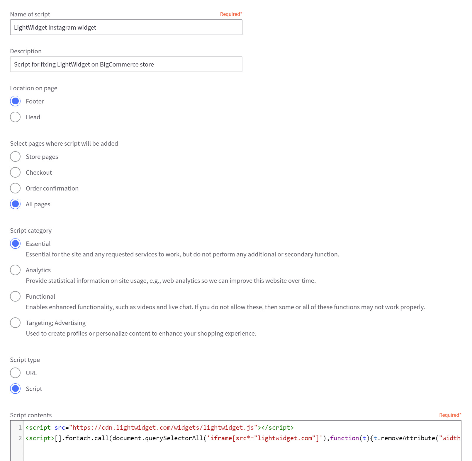 Image shows new BigCommerce script configuration.