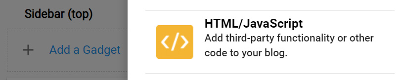 Screenshot showing HTML/JavaScript gadget on the Blogger website. 