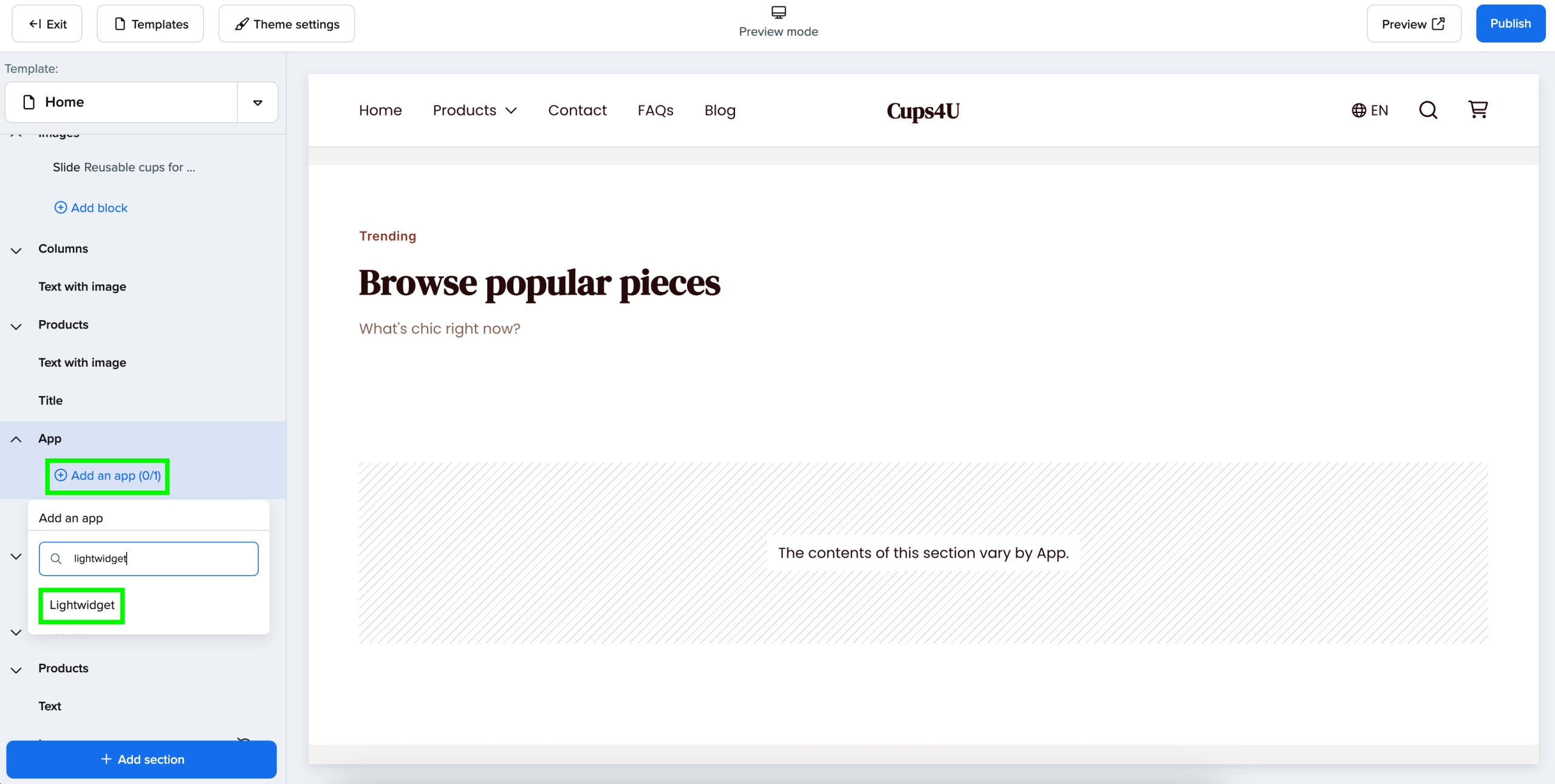 Screenshot showing how to select LightWidget app for Booqable to add the Instagram widget