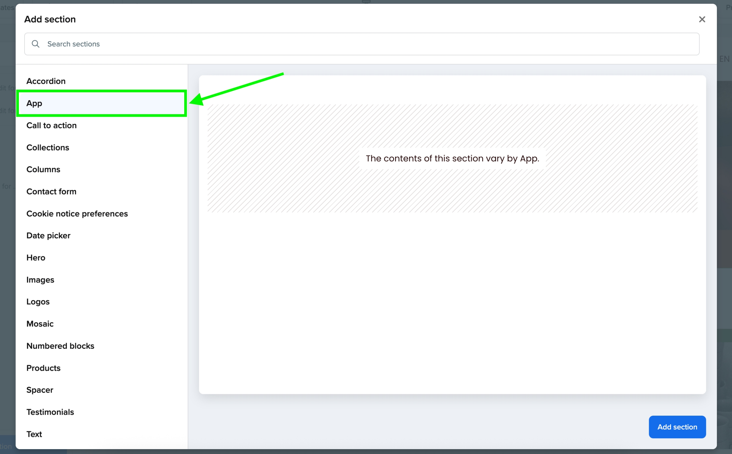 Screenshot showing modal for adding sections from Booqable