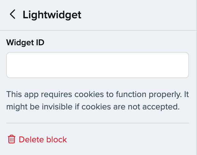Screenshot showing the form for adding LightWidget to Booqable