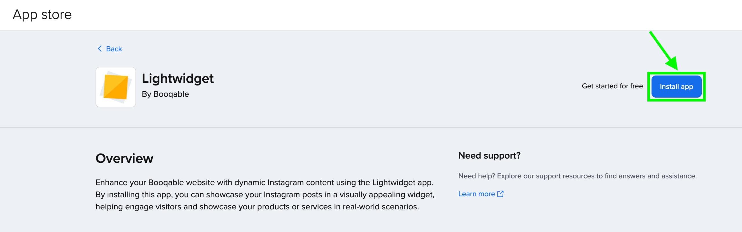Screenshot showing the LightWidget app from their Booqable App store with the Install button