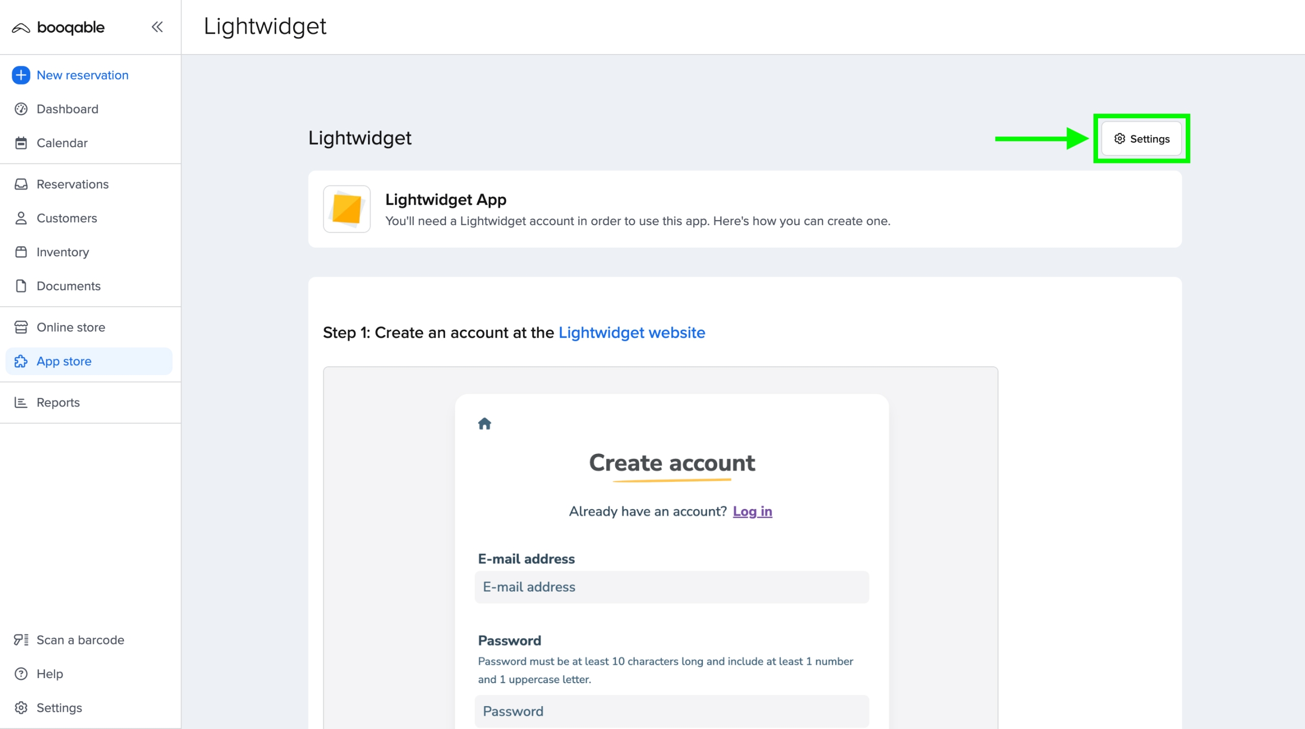 Screenshot showing Booqable LightWidget App settings page
