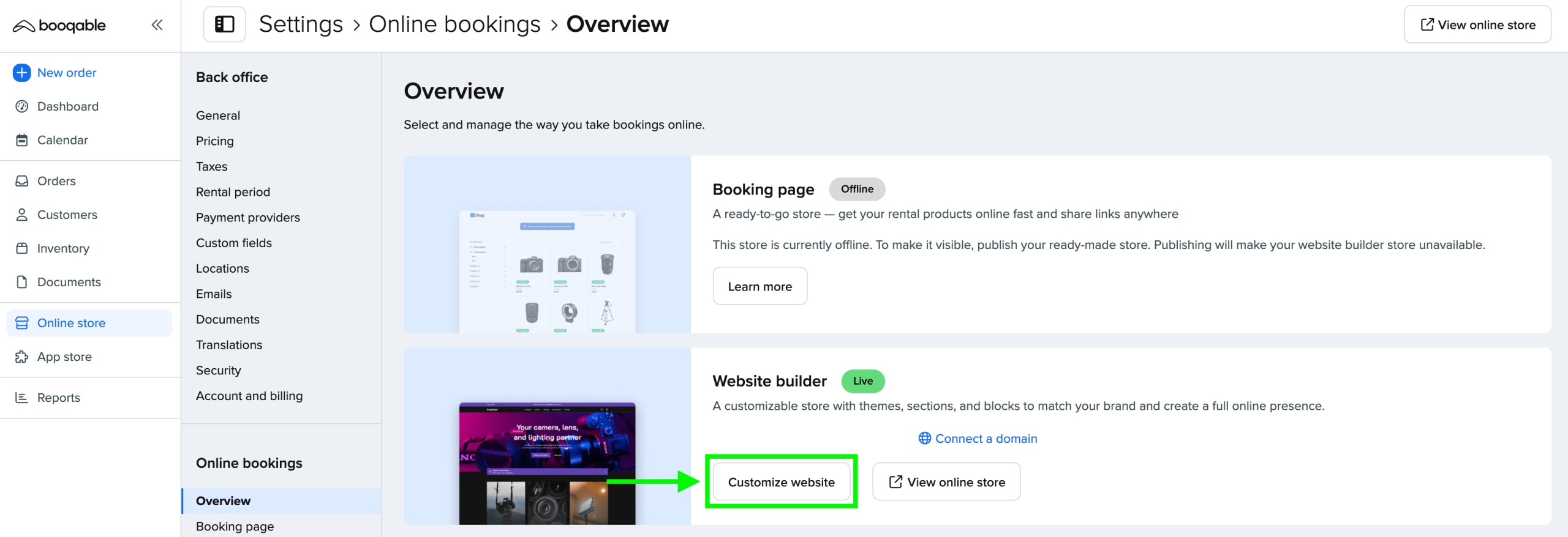 Screenshot showing Overview of the Online store with marked Customize website button