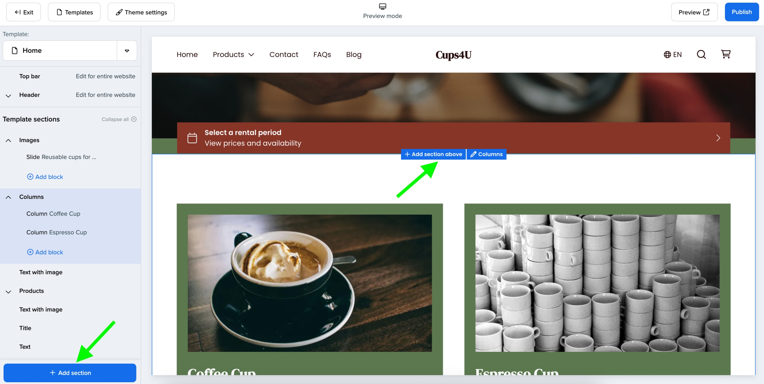 Screenshot from Booqable platform showing website builder with marked section buttons