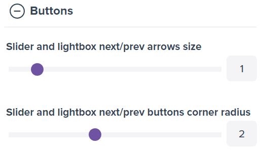 Screenshot showing the buttons section with two options controling the size and corner radius of slider arrows. 