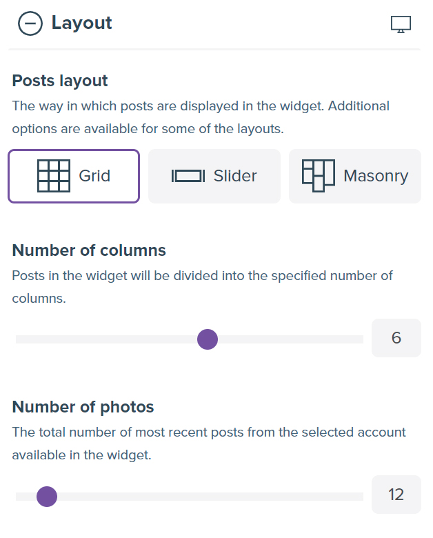 Screenshot showing widget creator form with the desktop settings.