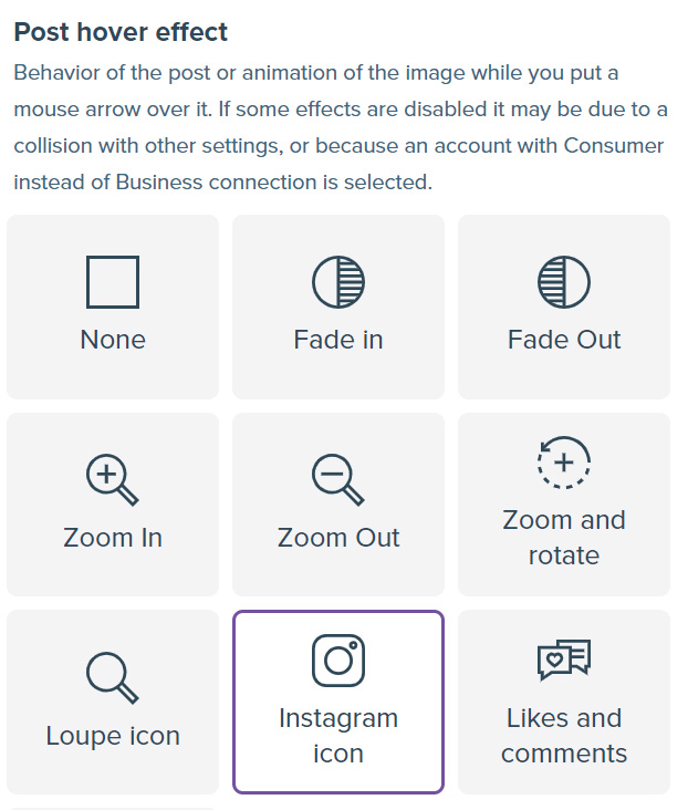 Screenshot showing the Post hover effect option in widget creator with selected Instagram icon option.