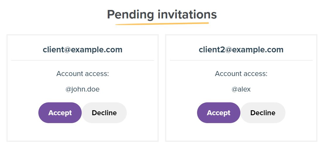 Screenshot from the developers page, showing two pending invitations with the accept and decline buttons.