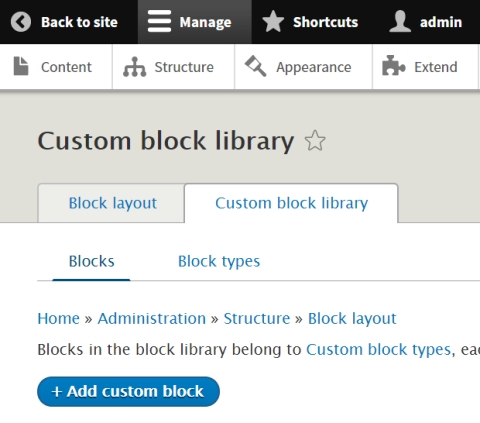 Screenshot from Drupal admin panel showing the custom block library tab with add custom block button.