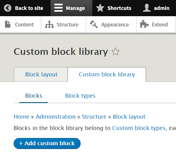 Screenshot from Drupal admin panel showing the custom block library tab with add custom block button.