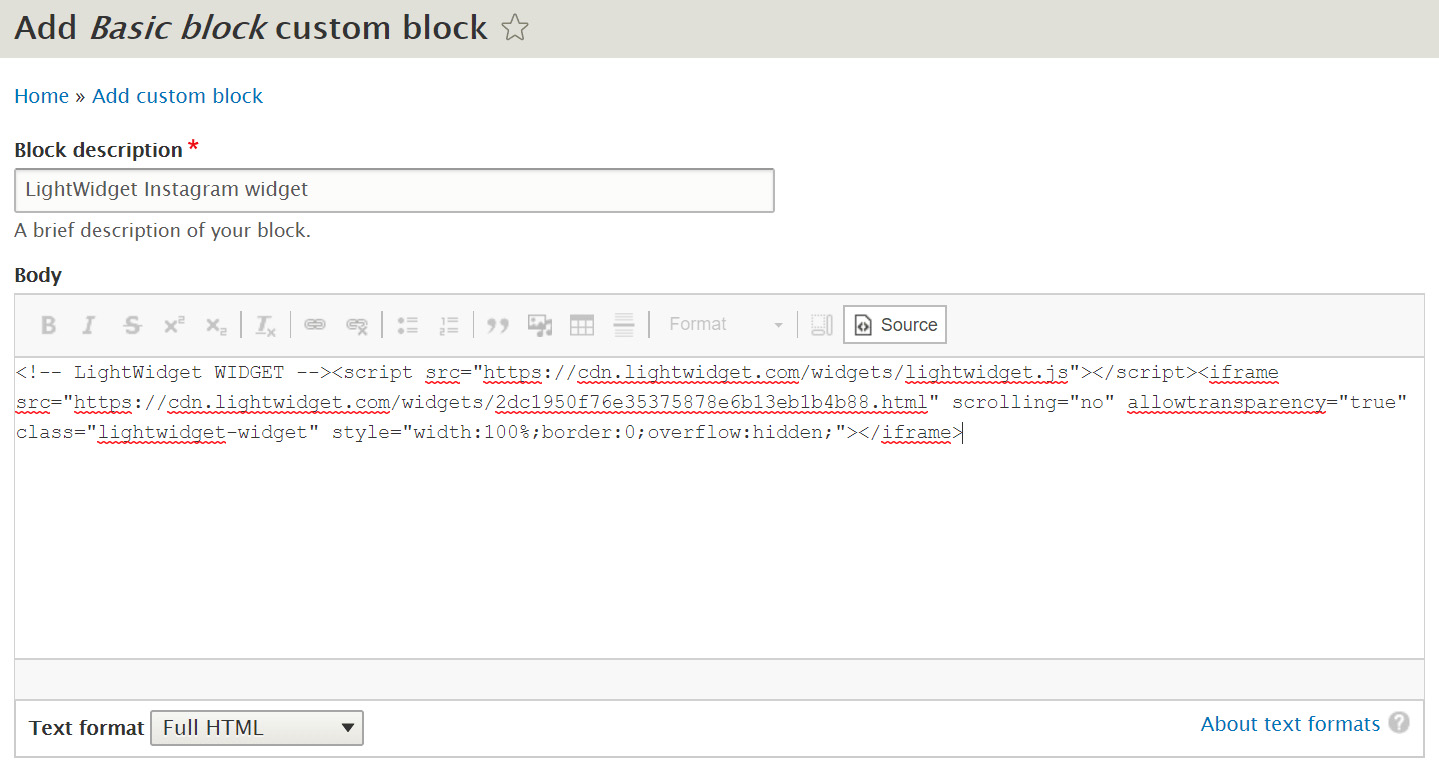 Screenshot showing basic block form with LightWidget embed code pasted into the textarea.