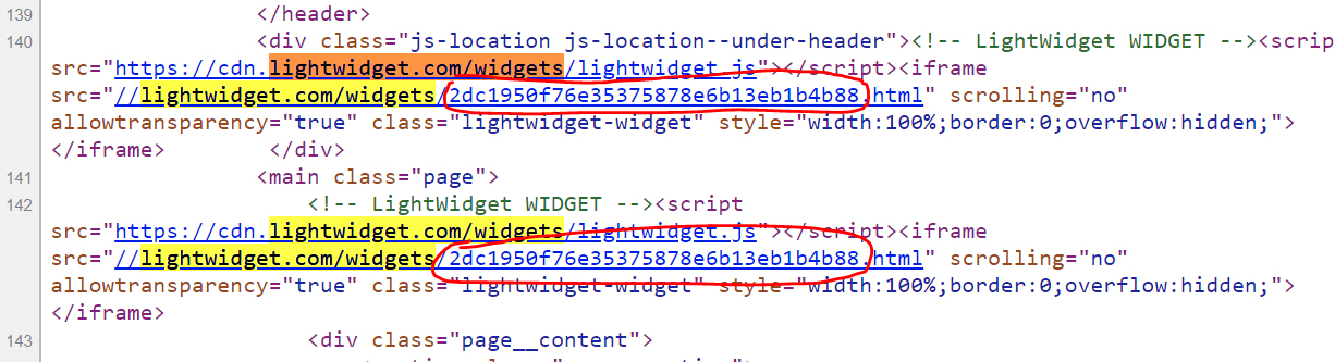 Screenshot showing the part of the source code of the website with marked duplicates of the widget embed code.