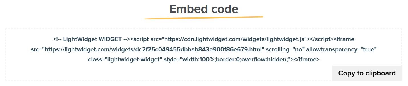 Screenshot of the Embed code section on our website with example widget embed code.
