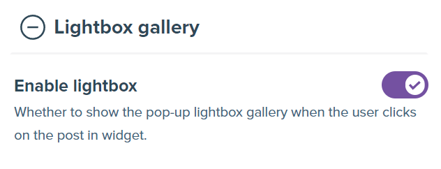 Screenshot showing Lightbox gallery section with the switch to enable the modal. 