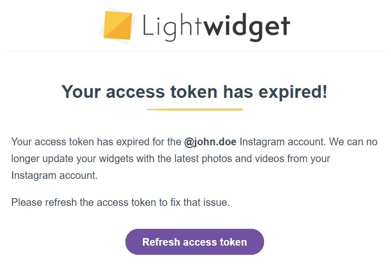 Preview of the email notification about the expired access token.
