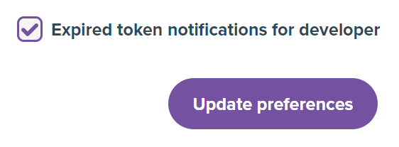 Screenshot showing token notifications for developers checkbox.