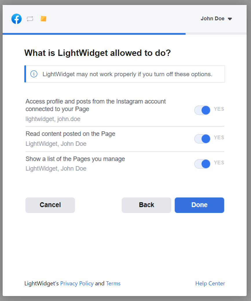 Screenshot showing the Facebook Dialog with question about permissions granted to LightWidget. 