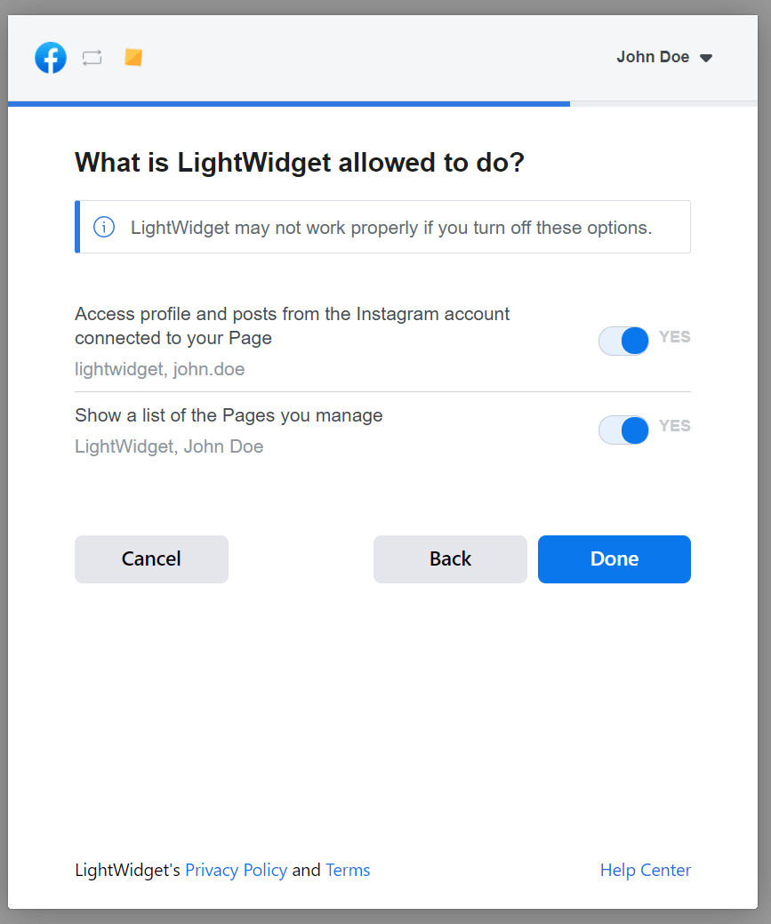 Screenshot showing the Facebook Dialog with question about permissions granted to LightWidget.