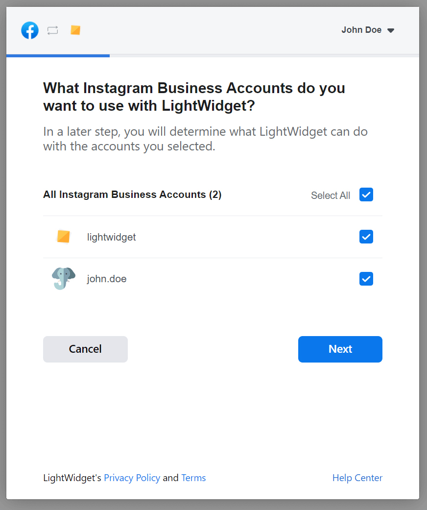 Screenshot showing Facebook modal with question about Instagram Business Accounts that should be connected with LightWidget.