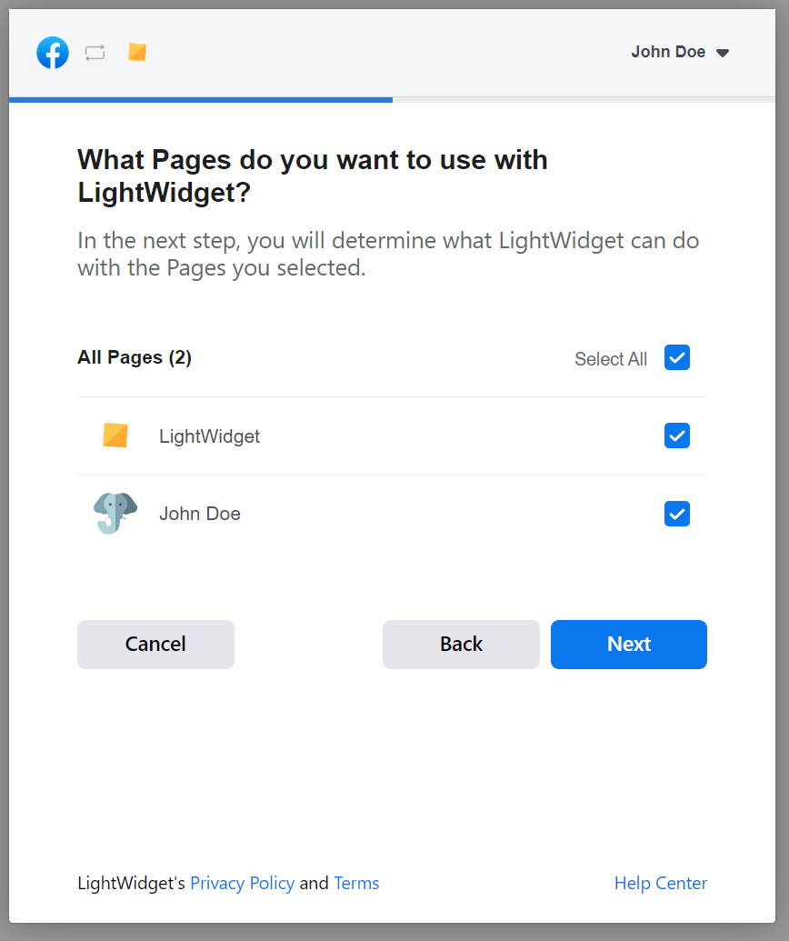 Screenshot showing modal on Facebook Page with question about the Facebook Pages and LightWidget app.