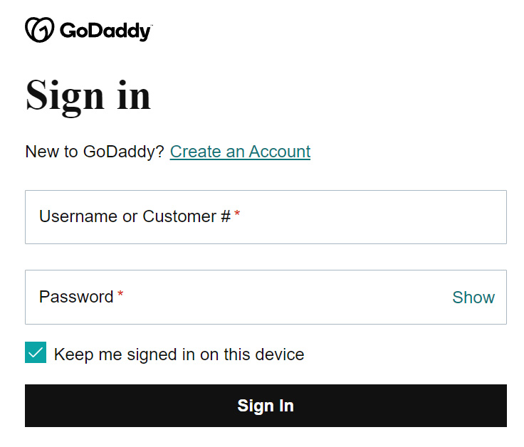 Screenshot showing login screen on GoDaddy website. 