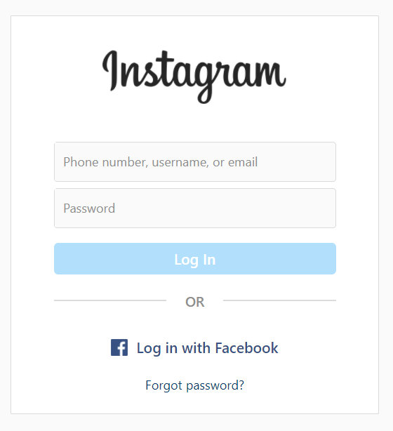 Screenshot showing login screen on Instagram website.
