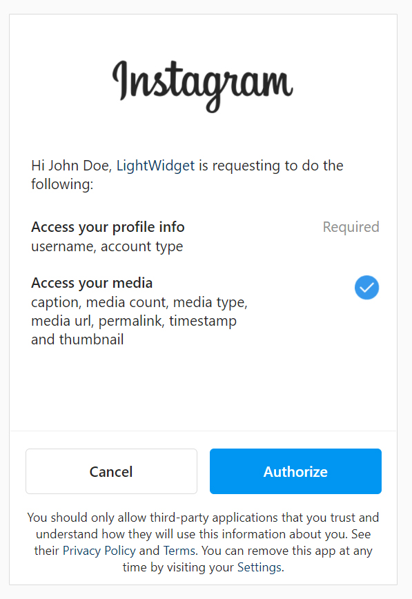 Screenshot showing the authorization window on Instagram website.