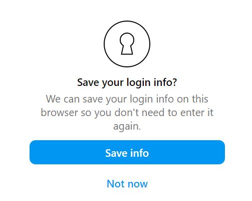 Screenshot of Save your login info prompt on Instagram website.