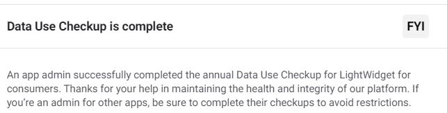 Screenshot showing Data Use Checkup completed message.