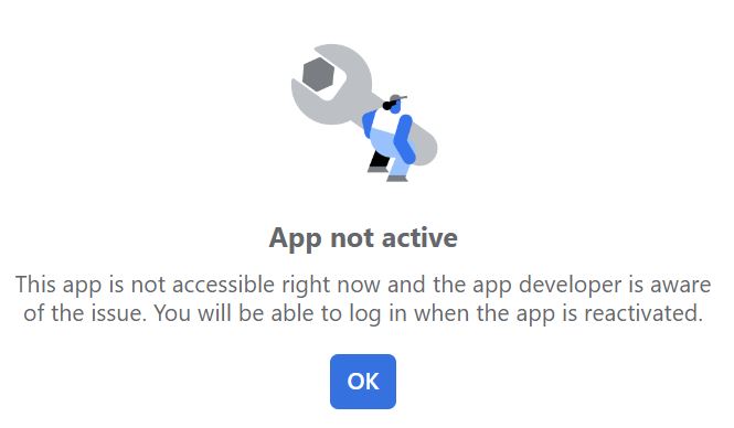 Screenshot from Facebook Website showing Inactive app message.