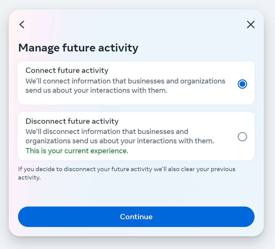 Screenshot showing the Connect future activity option selected by the user in the Manage future activity modal on Facebook website.