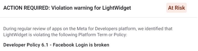 Violation warning for LightWidget - Facebook Login is broken.