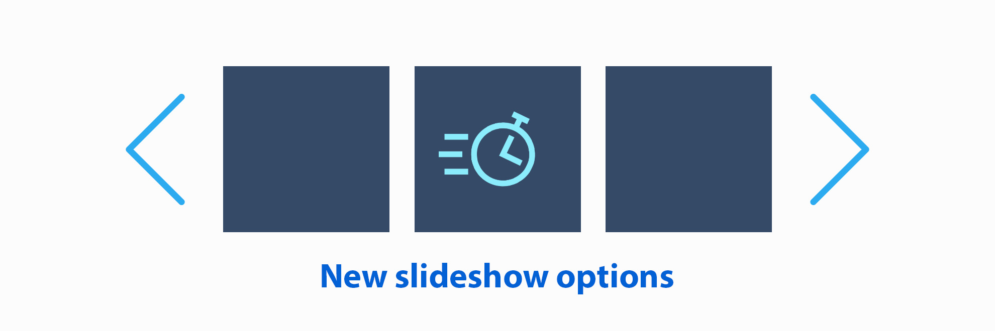Illustration showing HTML slideshow with navigation, clock icon on the middle slide and the new slideshow options caption.