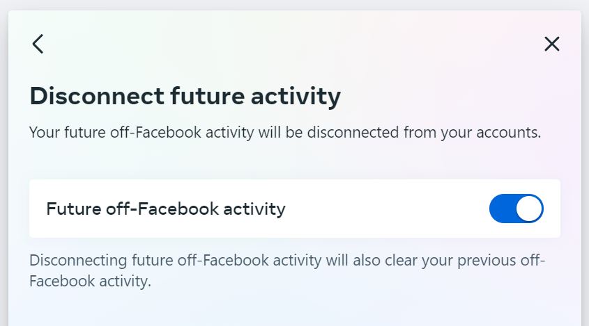 Screenshot showing the Future off-Facebook activity switch in turned on position.