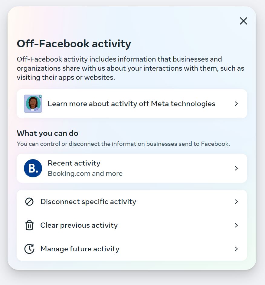 Screenshot showing the off-Facebook activity modal on Facebook website.