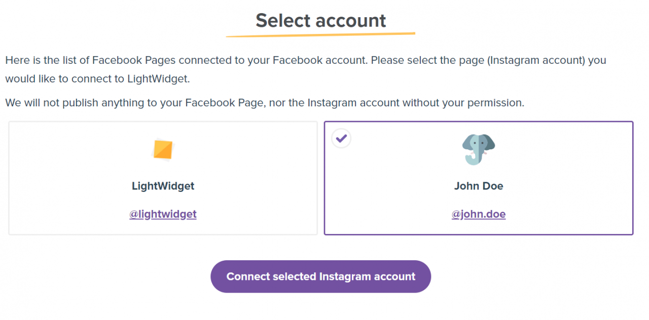 Screenshot from LightWidget website where we ask which Instagram account you would like to connect with our app.
