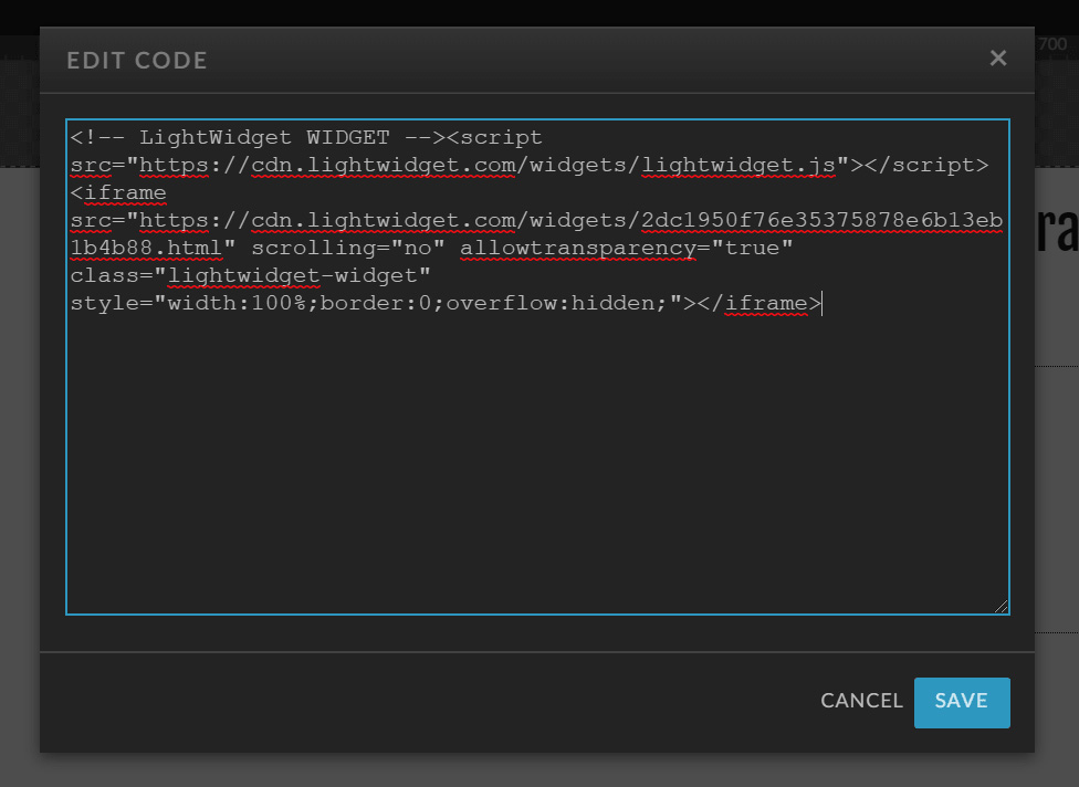 Screenshot showing edit code modal with widget embed code.