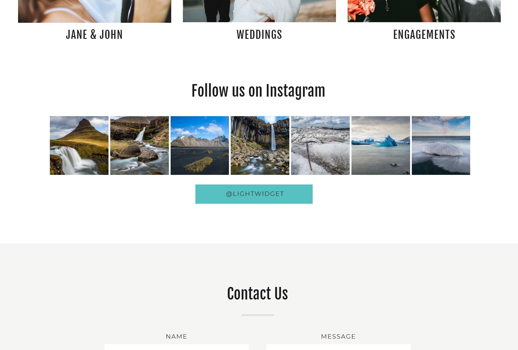 Screenshot showing LightWidget widget embedded on Showit website with photos from Instagram