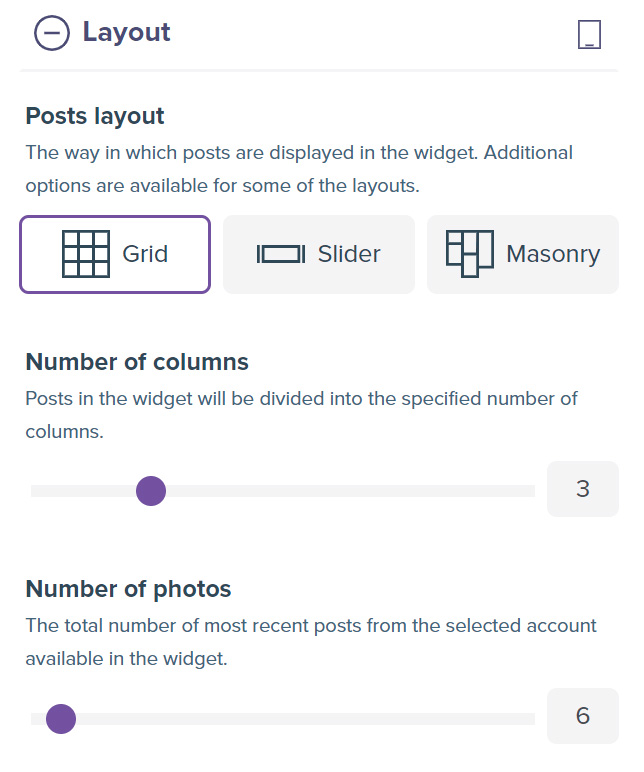 Screenshot showing layout section with the configuration for tablet devices.