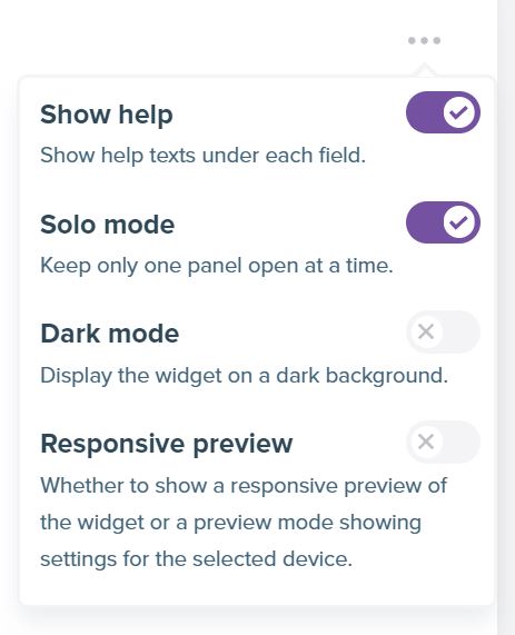 Screenshot showing the menu with the list of options available for widget creator.
