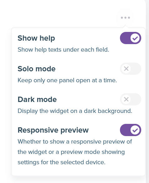 Screenshot showing the list of widget creator settings with enabled responsive preview.