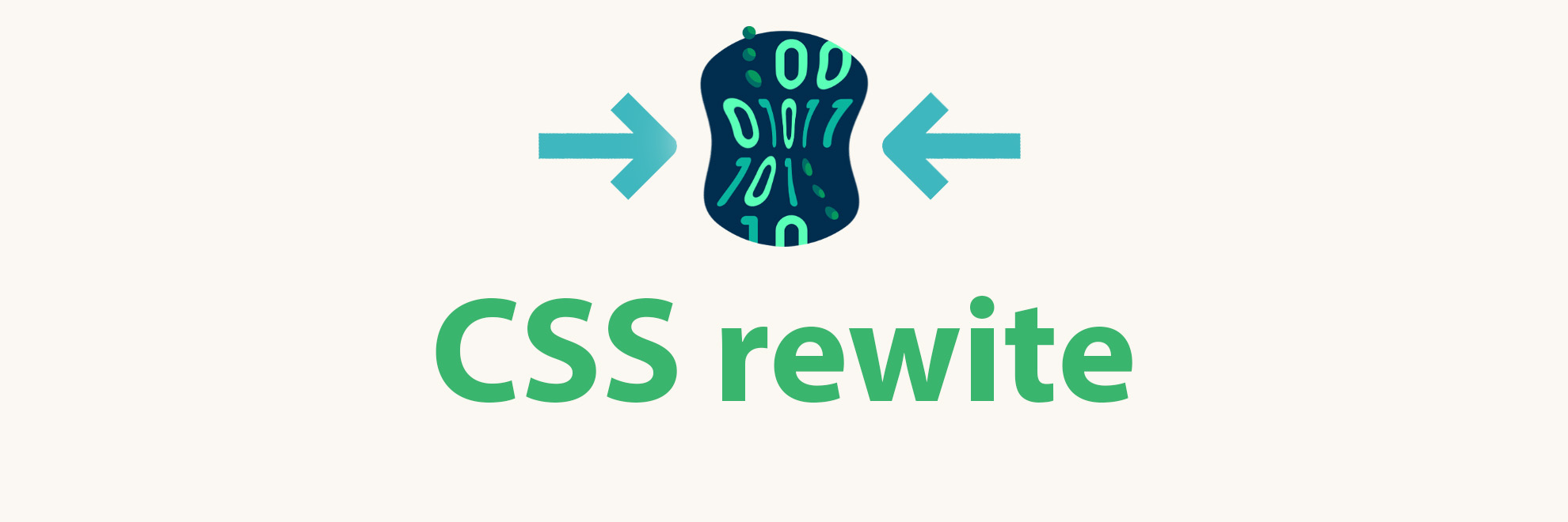 Illustration showing text CSS rewrite and small graphics showing the squeezed binary code by two arrows.